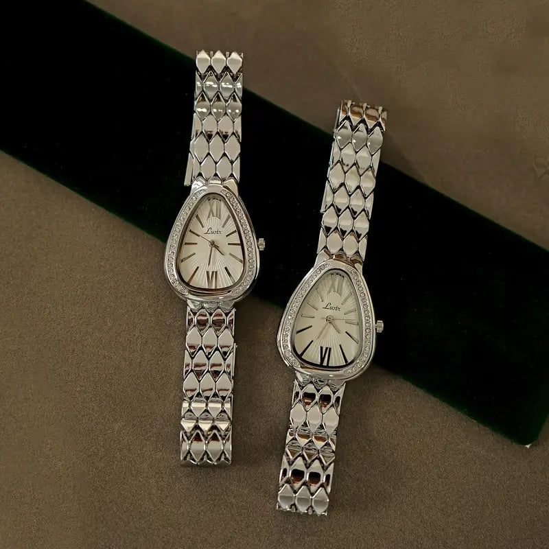 Montres Femme Ovales Argentées - Duo Élégant Strass & Chiffres Romains